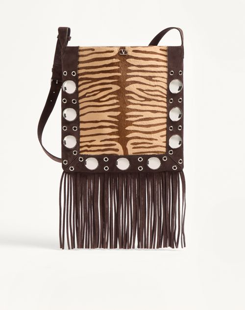 Valentino Garavani - Valentino Garavani Nellcôte Shoulder Bag In Animalier Pony Effect Calfskin With Fringes - Beige/testa Di Moro - Woman - Shoulder Bags